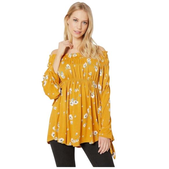 Free People Yellow Floral Long Sleeve Top Medium Marigold Off the Shoulder Tunic - Picture 7 of 8